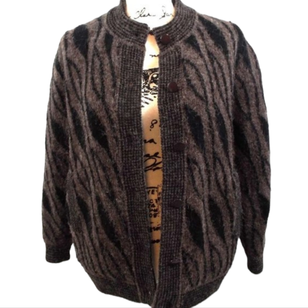 Lung Kong Vintage Geometric Print Button-up Brown and Black Sweater Jacket Sz Lg